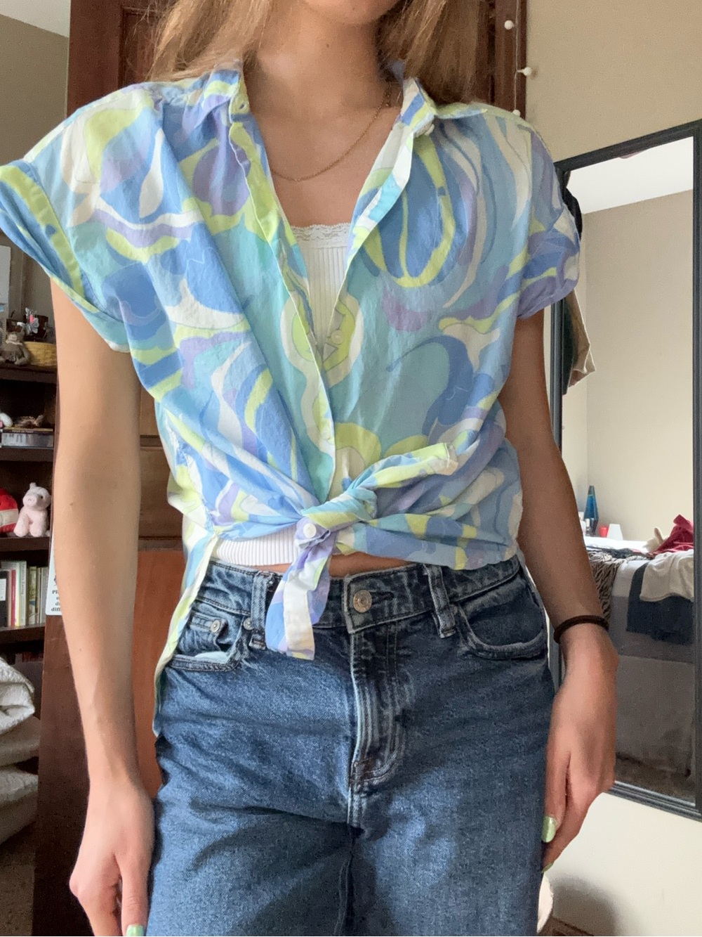 GAP Blue, Green & White Swirl Tie-Front Button Down Top